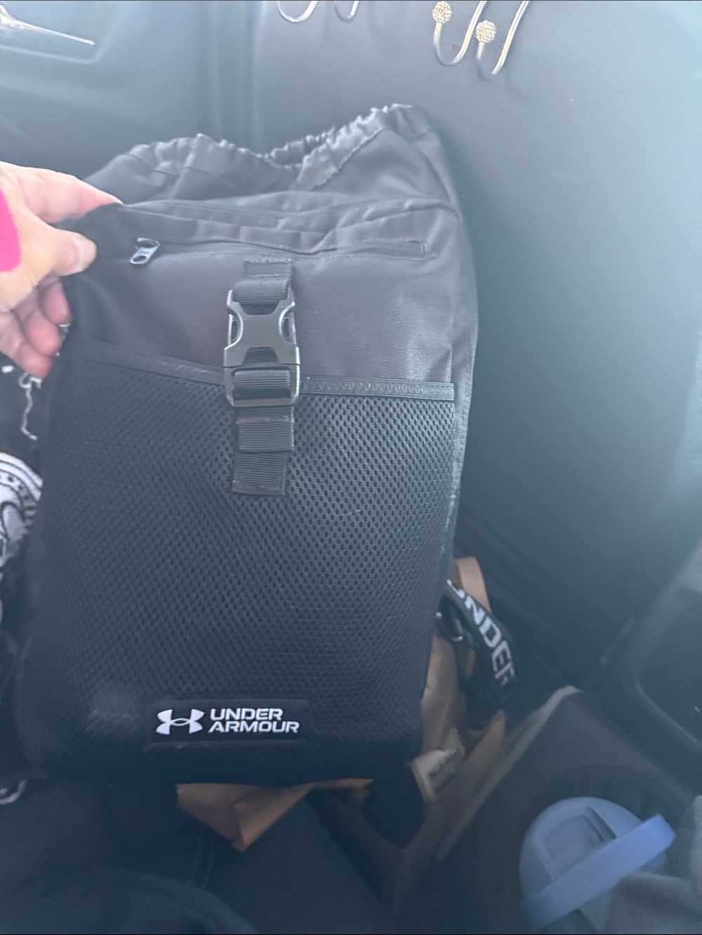 Under Armour Black Drawstring Backpack with Mesh Front and Buckle